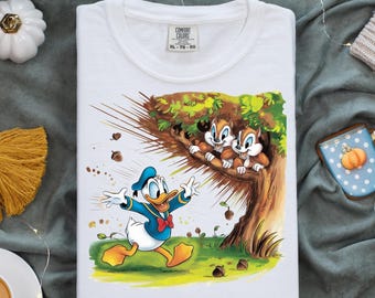 Funny Donald Duck PNG, Chip and Dale Autumn Tree Clipart, Squirrel Prank Scene, Cute Digital Art for Kids Shirt or Sublimation Projects
