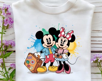 Mickey and Minnie Travel PNG, Suitcase Camera Clipart, Vacation Couple Art for T-Shirts, Stickers, Cards, Scrapbook, Sublimation Design