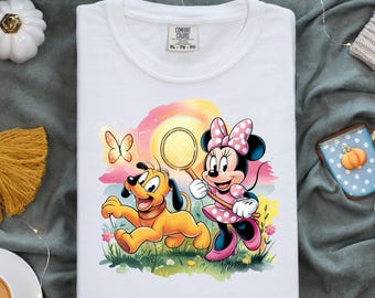 Minnie and Pluto PNG, Butterfly Net Clipart, Playful Dog and Girl Digital Design for Kids Shirts, Spring Outdoor Art, Printable Sublimation