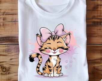 Cute Chibi Cat with Pink Bow Png, Kawaii Kitten Clipart for Sublimation & Printing, Cartoon Girl Cat Art, Digital Download for Kids Shirt
