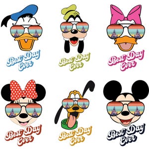May include: Six cartoon character faces, including Donald Duck, Goofy, Daisy Duck, Minnie Mouse, Pluto, and Mickey Mouse, each wearing sunglasses with a castle scene. The phrase "Best Day Ever" is below each character.