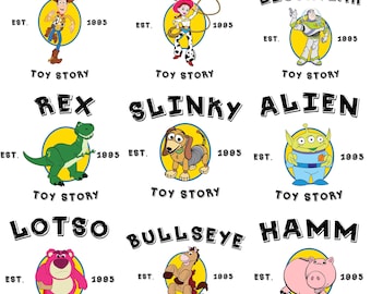 以下が含まれることがあります： トイ・ストーリー映画シリーズの9つのカラフルな漫画のキャラクターデザイン。各キャラクターは、キャラクター名が上に、テキスト「トイ・ストーリー」が下にある黄色の円の中に設定されています。「1995」年も含まれています。
