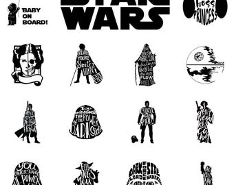 Pacchetto silhouette SVG di Star Wars, design di citazioni tipografiche per Cricut, clipart di Darth Vader, Yoda, Leia e Luke, download digitale di SVG PNG DXF