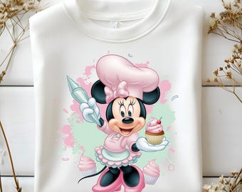 Cupcake Minnie Chef PNG, Download digitale di Minnie Mouse, Clipart di pasticceria per sublimazione e artigianato, Arte di dessert con simpatici cartoni animati