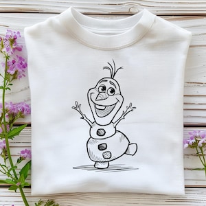 May include: White sweatshirt featuring a black and white cartoon illustration of Olaf, the snowman character. The design shows Olaf with his arms outstretched and a cheerful expression. The sweatshirt is folded neatly.