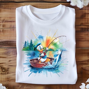 Fishing Donald PNG, Lake Adventure Clipart, Cute Duck with Big Catch, Summer Outdoor Digital Art for Boys Crafts and Sublimation Projects