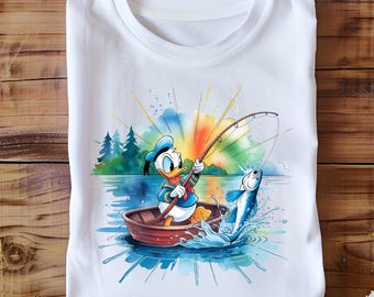 Fishing Donald PNG, Lake Adventure Clipart, Cute Duck with Big Catch, Summer Outdoor Digital Art for Boys Crafts and Sublimation Projects