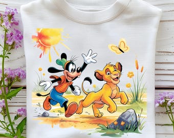 Goofy and Simba PNG, Summer Forest Walk Clipart, Cute Lion King and Friend Digital Art for Kids’ Shirts, Party Decor and Cricut Sublimation