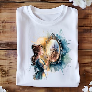 Espejo de Bella y la Bestia PNG, Escena de amor de cuento de hadas en acuarela, Princesa vintage imprimible para camisetas, manualidades, arte de sublimación