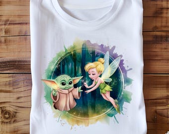 Tinker Bell and Grogu Magic Forest Png, Fairy Glow Clipart, Cute Fantasy Scene for Kids, Enchanted Watercolor Art, Digital Png File