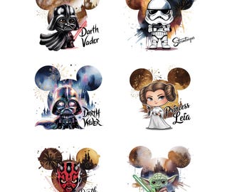Chibi Galaxy Png Bundle, Yoda Vader Leia Stormtrooper Cute Star Clipart, Mickey Ears Fireworks Background Png for Print, Instant Download