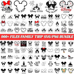May include: A collection of Disney-themed SVG and PNG files, featuring Mickey Mouse ears, bows, castles, and text elements like "Disney 2026" and "Family Vacation." The designs are in black and white, with some accents in red.