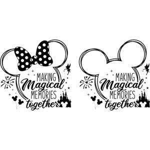 Könnte beinhalten: Schwarz-weiße Grafik mit zwei Mickey Mouse-Ohren-Silhouetten. Eines hat eine gepunktete Schleife. Der Text lautet "Making Magical Memories together" mit Feuerwerk, Fee, Schloss und Mickey Mouse-Ballon-Grafiken.