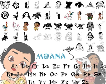 Pacchetto Clipart SVG di Moana, Topper per torta Baby Moana in formato SVG, PNG di Maui Pua Moana per Cricut, Font alfabeto Moana in formato SVG, Download immediato
