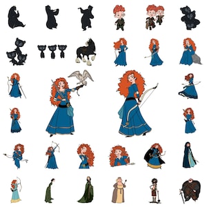 Op de afbeelding: Een verzameling cartoon illustraties met personages uit de animatiefilm "Brave". De afbeeldingen bevatten het hoofdpersonage Merida in verschillende poses met pijl en boog, en andere personages zoals beren en paarden. Het kleurenpalet is levendig, met blauw, rood en groen.