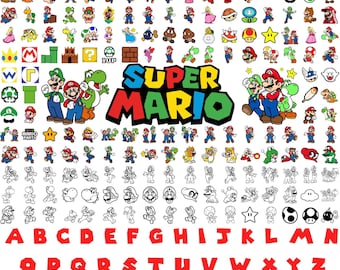 Pacchetto di oltre 1000 file SVG di Super Mario per Cricut e sublimazione, pacchetto clipart di Mario, file di taglio di Mario, clipart di Mario, font di Super Mario, Mario
