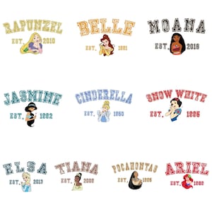 Princess College Logo Bundle, Vintage Style Princess Clipart, Digital Png Files, Ariel Belle Tiana Rapunzel Moana Png Download