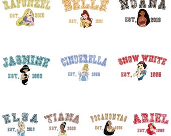Princess College Logo Bundle, Vintage Style Princess Clipart, Digital Png Files, Ariel Belle Tiana Rapunzel Moana Png Download