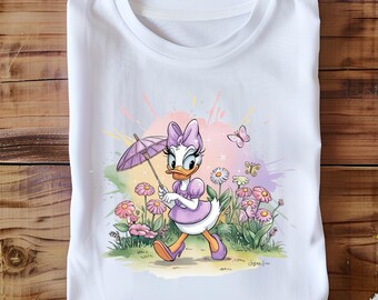 Daisy Duck PNG, Spring Garden Clipart, Purple Umbrella Girl Art, Cute Flower Scene for Sublimation, Digital Download for Kids Projects