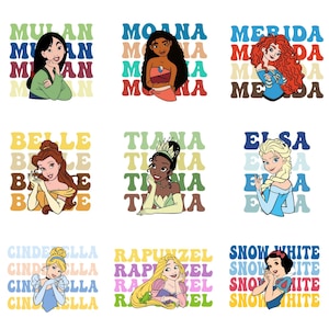 May include: Nine colorful graphic designs featuring Disney princesses. Each design includes a princess illustration with her name in a retro font. The princesses include Mulan, Moana, Merida, Belle, Tiana, Elsa, Cinderella, Rapunzel, and Snow White.
