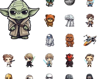 Pacchetto PNG Chibi di Star Galaxy, Pacchetto PNG di personaggi di Star, Set di clipart digitali Jedi e Droid per sublimazione, Download istantaneo
