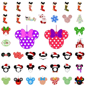 Christmas Mouse Head SVG PNG Bundle, Minnie Ornament Clipart Set for Holiday Shirts and Crafts, Mickey Santa Hat Designs, Digital Download