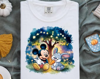 Mickey and Bunny PNG, Forest Night Clipart, Cute Rabbit with Carrot Digital Art for Kids Shirts, Nursery Wall Decor, Sublimation Printable