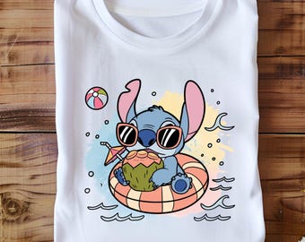 Summer Stitch Png with Coconut and Float | Cute Sublimation Design, Tropical Cartoon Clipart for Kids Crafts, Instant Download