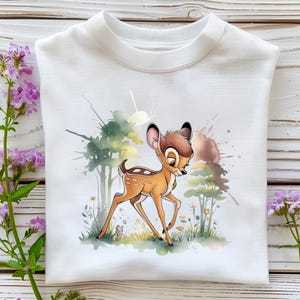 Bambi Clipart PNG, Spring Forest Walk with Watercolor Flowers, Pastel Baby Deer Printable Design for Shirts, Wall Art, Sublimation