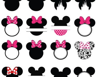 Pacchetto SVG ispirato a Topolino e Minnie, contorno di Topolino e Minnie, orecchie di Topolino e Minnie, contorno delle orecchie di Topolino e fiocco di Topolino, sagoma di Topolino