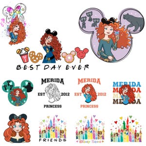 以下が含まれることがあります： ディズニー映画「メリダとおそろしの森」のキャラクター、メリダをフィーチャーした、カラフルなグラフィックデザインのコレクションです。「Best Day Ever」、「Merida Princess」、「Friends」のテキストと、お城やキャラクターのイラストが含まれています。