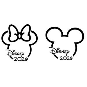 May include: Black and white Disney-themed graphic featuring two Mickey Mouse head silhouettes. One has a bow, the other does not. Each silhouette includes the word "Disney" and the year "2026".