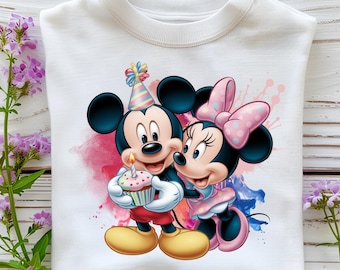 Topolino e Minnie Compleanno PNG, Simpatica coppia di topi con cupcake Clipart, Design per feste in stile cartoon, Arte a sublimazione per bambini e coppie