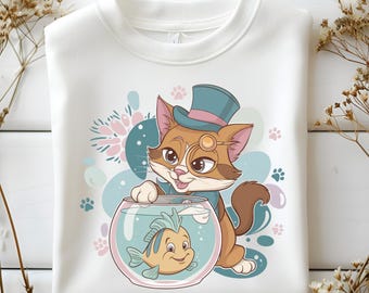 Figaro and Flounder Png, Cute Cat and Fish Bowl Clipart, Chibi Disney Pets Art, Pastel Style Digital Artwork for Sublimation and Print