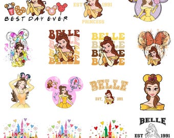 Belle PNG Bundle, Vintage Princess Clipart, Bookish Girl Mouse Ears Design, Sublimation for Birthday Shirts, Instant Digital Download
