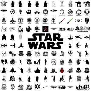 Puede incluir: Una colección de gráficos y personajes de Star Wars en blanco y negro. Incluye a Yoda, Darth Vader, Stormtroopers y varios logotipos. La palabra "STAR WARS" se muestra en letras grandes y en negrita.