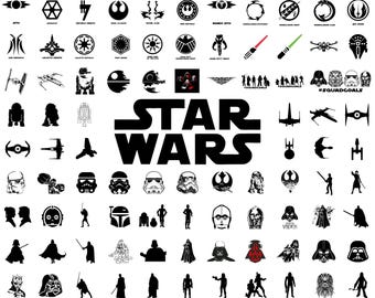 Pacchetto Mega Silhouette SVG di Star Wars, Clipart di loghi di astronavi Jedi Sith, Disegni di Darth Vader e Yoda Stormtrooper, Download di SVG PNG DXF