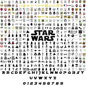 Könnte beinhalten: Eine Sammlung von Star Wars-Grafiken, Logos und Charaktersilhouetten in Schwarz und Weiß. Das Bild enthält das Star Wars-Logo, verschiedene Charakterillustrationen sowie das Alphabet und Zahlen.