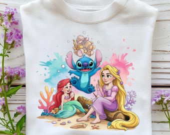 Stitch Ariel Rapunzel PNG Clipart, Ocean Princess Beach Scene, Shell Crown Art for Sublimation, Cute Summer Design for Kids Projects