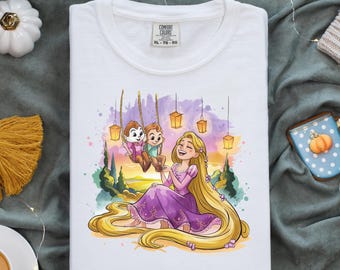 Rapunzel PNG Lantern Scene Clipart, Chip and Dale Swinging Art, Tangled Princess Illustration for Sublimation, Cute Fairytale Design