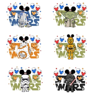 May include: A collection of cartoon character designs from Star Wars, each wearing a Mickey Mouse ear hat and holding balloons. Characters include R2-D2, Yoda, BB-8, C-3PO, a Stormtrooper, and Darth Vader. The words "STAR WARS" are also displayed.