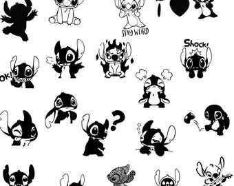 Pacchetto Stitch and Angel Outline: 80 file in bianco e nero per Cricut e sublimazione / Clipart di coppia minimalista per lavoretti e regali