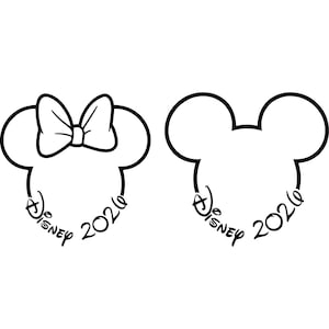 May include: Black and white outline of two Mickey Mouse head silhouettes. One features a bow, the other is plain. Both have the word "Disney" and the year "2020" in script.