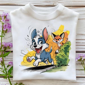 Puede incluir: Sudadera blanca con un perro de dibujos animados azul y blanco corriendo alegremente. Un zorro naranja de dibujos animados se asoma detrás de arbustos verdes. El fondo tiene acentos amarillos y negros. Ilustración juguetona.