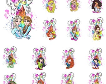 May include: A series of colourful illustrations of Disney princesses. Each design features a princess portrait, a castle, and a Mickey Mouse ear-shaped frame with a watercolour effect. The princesses include Elsa, Anna, Ariel, and others.