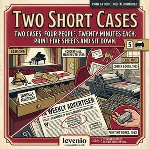 Könnte beinhalten: Ein digitales Download-Spiel mit dem Titel Two Short Cases, das zwei Krimi-Szenarien enthält. Die Grafik zeigt einen Konzertsaal mit Klavier, eine Druckerpresse, eine Zeitung namens Weekly Advertiser, Schlüssel und eine Hand mit Metallblock.