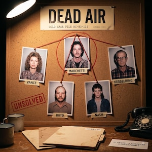Könnte beinhalten: Eine Pinnwand mit der Aufschrift DEAD AIR COLD CASE FILE HC-83-114 OCTOBER 1983, fünf Verdächtigenfotos mit den Namen VANCE, MARCHETTI, KESSELRING, BOYD und NASH, verbunden durch rote Schnüre. Ein roter Stempel zeigt UNSOLVED. Akten und Telefon.