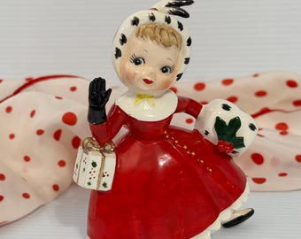 Vintage Norcrest Christmas Shopper Girl Figurine F-197: Mid-Century Holiday Decor