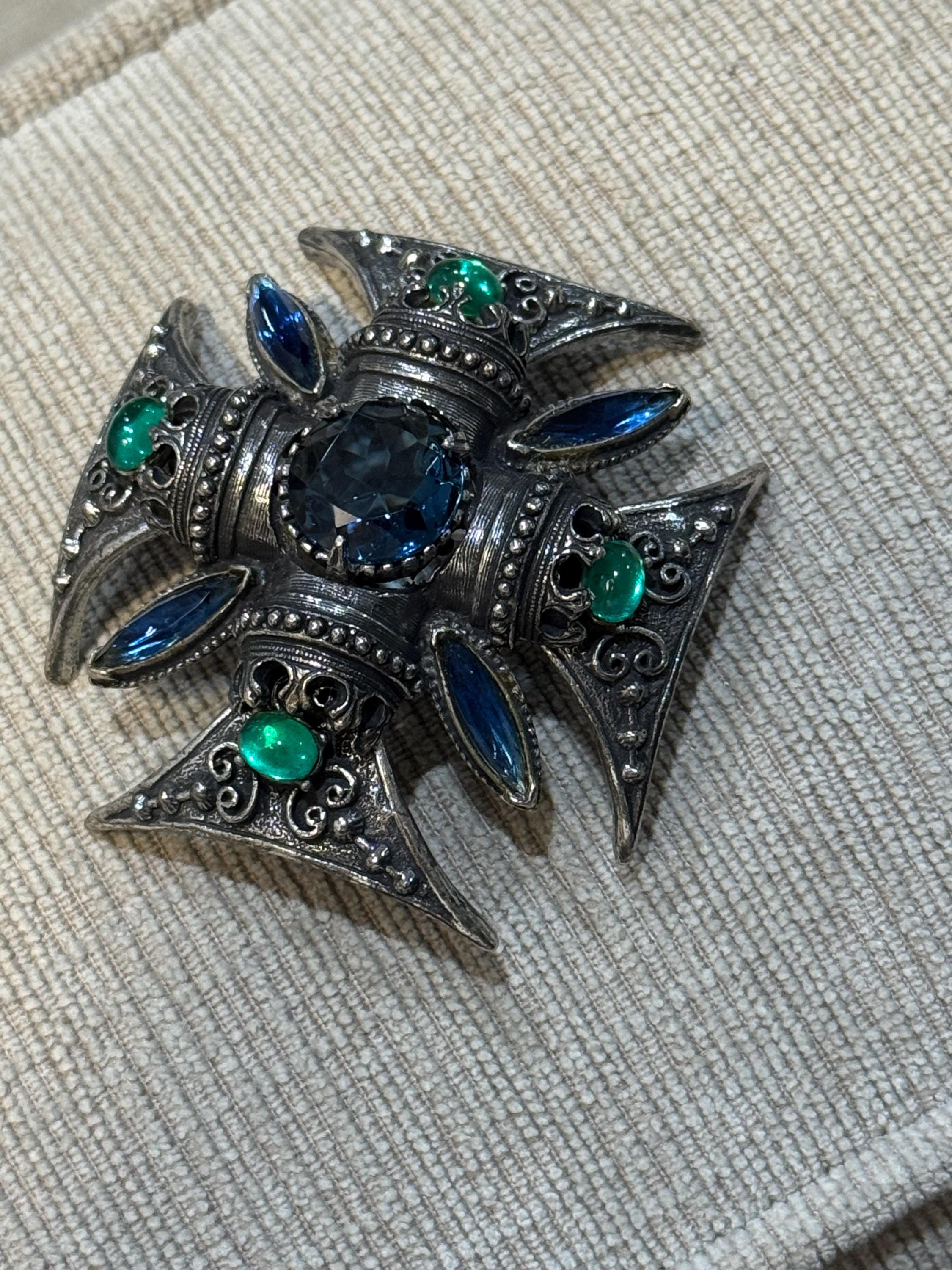 Vintage Florenza Maltese Cross Brooch – Blue & Green Glass Stones