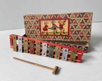 1950s Child's Xylophone, 10 Note Vintage Metallophone, Wooden Mallet, Original Box